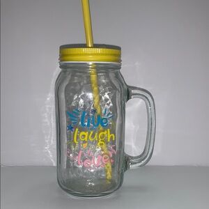 Live Laugh Love Glass Mason Jar with Yellow Lid and Straw